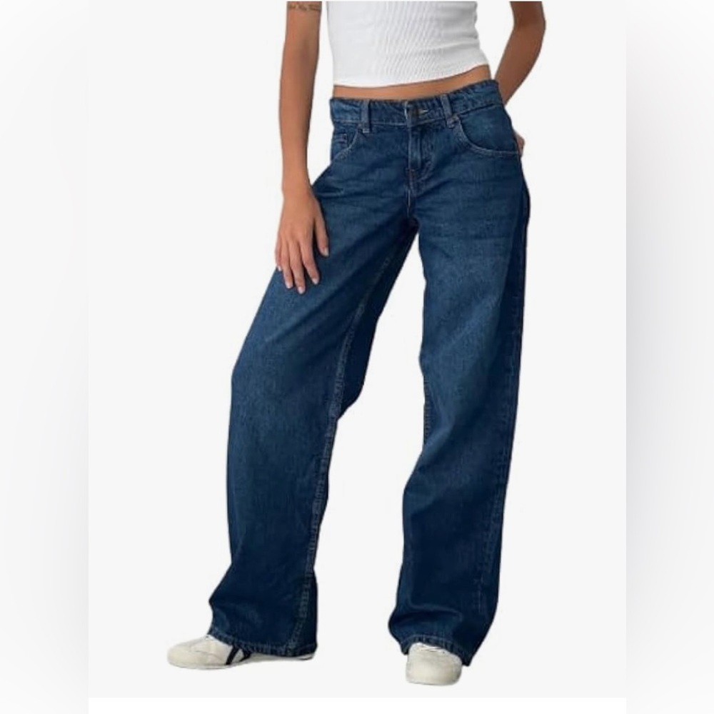 Women’s Baggy Boyfriend Jeans Wide Leg, Dark Blue Wash, size XXL
